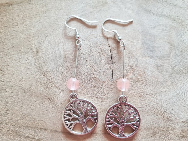 boucles d'oreilles quartz rose et arbre de vie